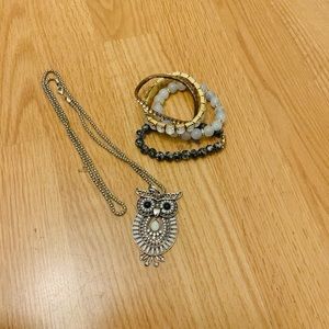 Owl necklace + boho bracelets